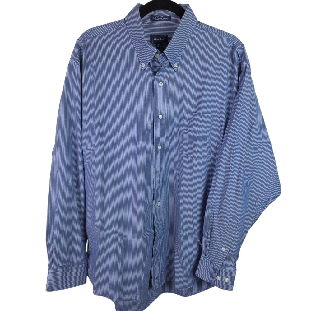 Chas Reed Button Down Shirt Mens 17 34/35 Blue Pinstripe Good Cotton Long Sleeve